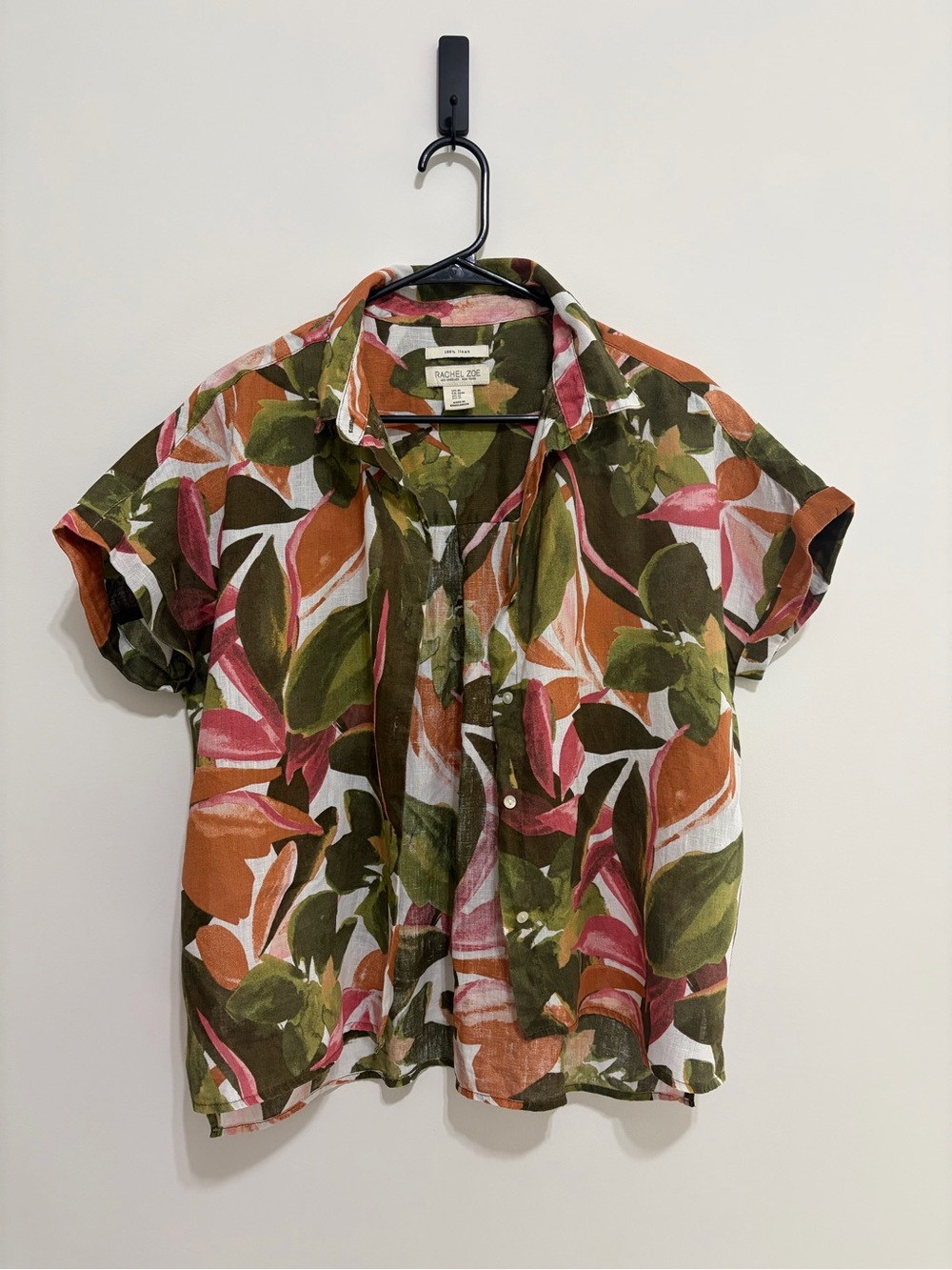 Tropical Leaf Button-Down Shirt in Olive, Rust & Pink 100% Linen